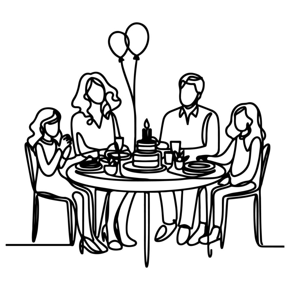 singolo continuo disegno nero linea famiglia cena seduta a tavolo per celebrazione anniversario contento compleanno festa scarabocchi vettore