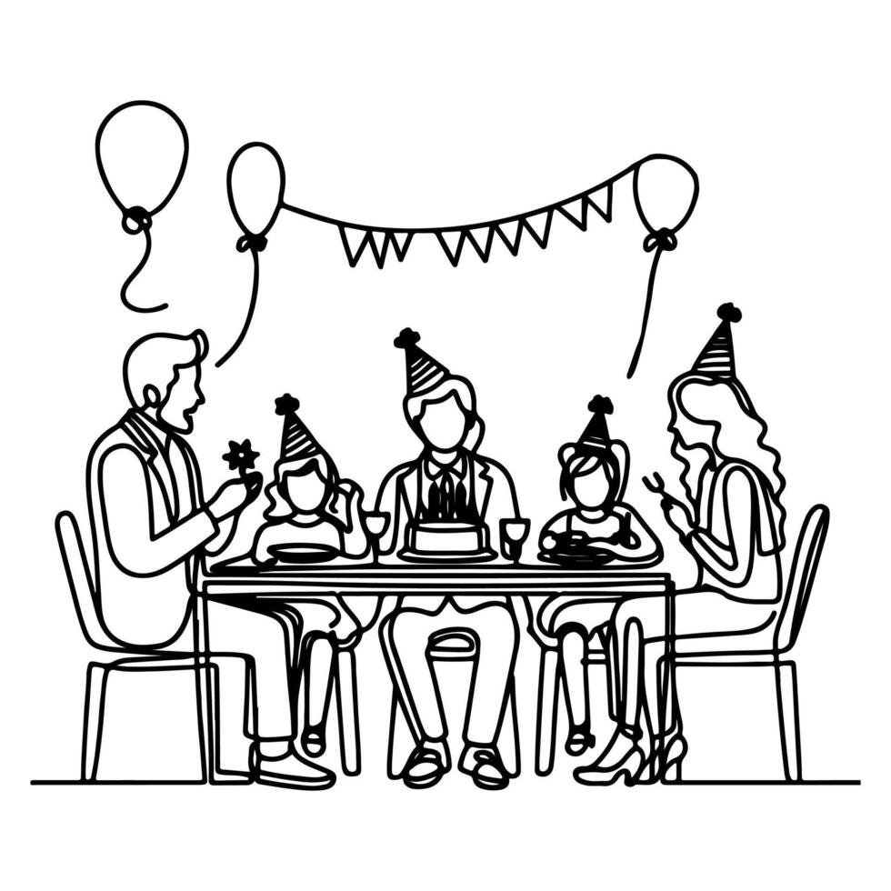 singolo continuo disegno nero linea famiglia cena seduta a tavolo per celebrazione anniversario compleanno festa scarabocchi vettore