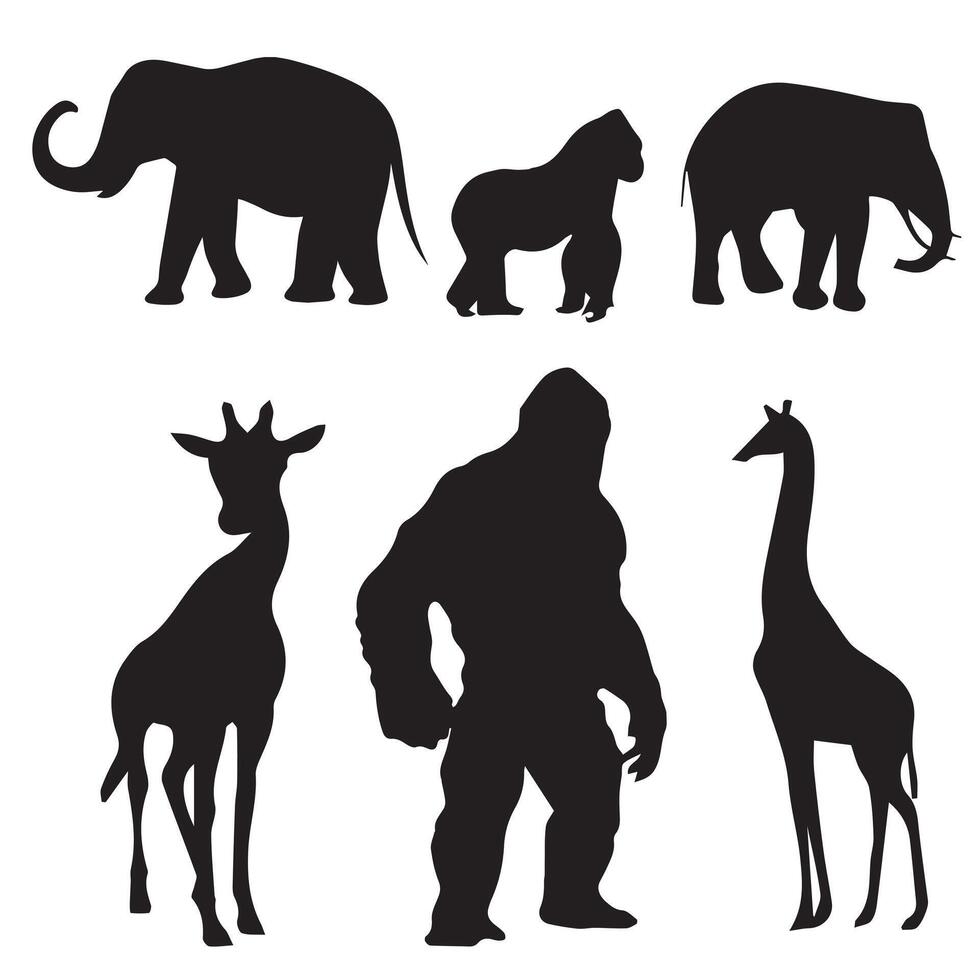 re kong, gorilla, elefante, giraffa, silhouette vettore