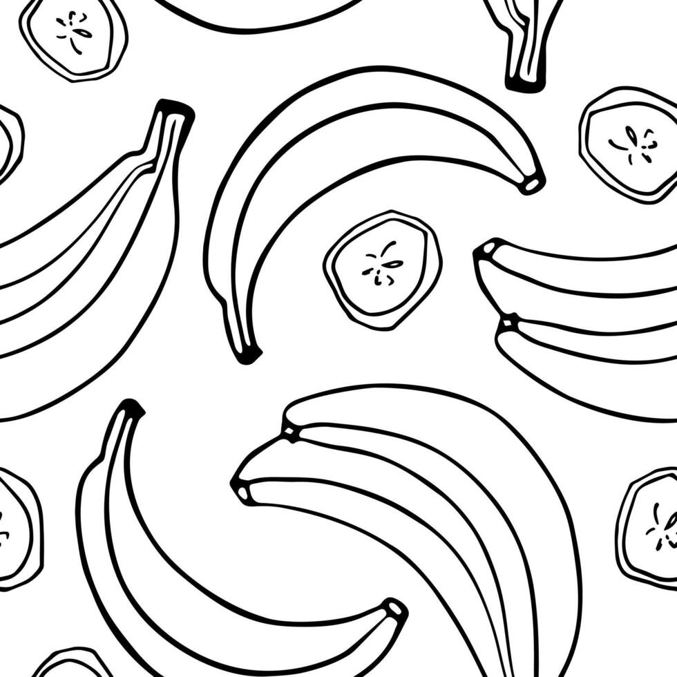 senza soluzione di continuità vettore modello con banane su un' bianca sfondo. scarabocchio frutta. per sfondo, involucro carta, tessile, cartoline, ragnatela pagina sfondo, interno arredamento, menù. cartone animato design.