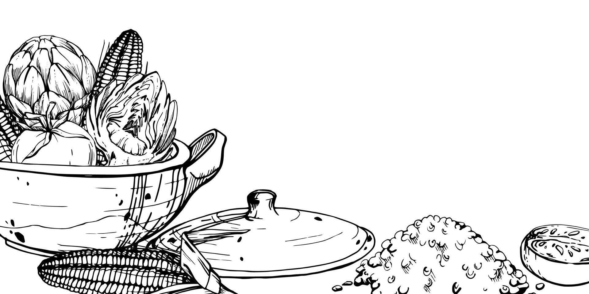 mano disegnato inchiostro vettore illustrazione, cucinando pentola ceramica verdura stufato mais Mais quinoa, Sud americano cucina orizzontale telaio isolato bianca sfondo. design viaggiare, vacanza, opuscolo, Stampa