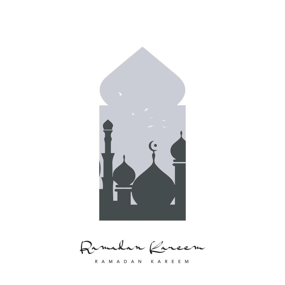 Ramadan kareem vettore illustrazione islamico saluto design linea moschea con Arabo modello lanterna e calligrafia