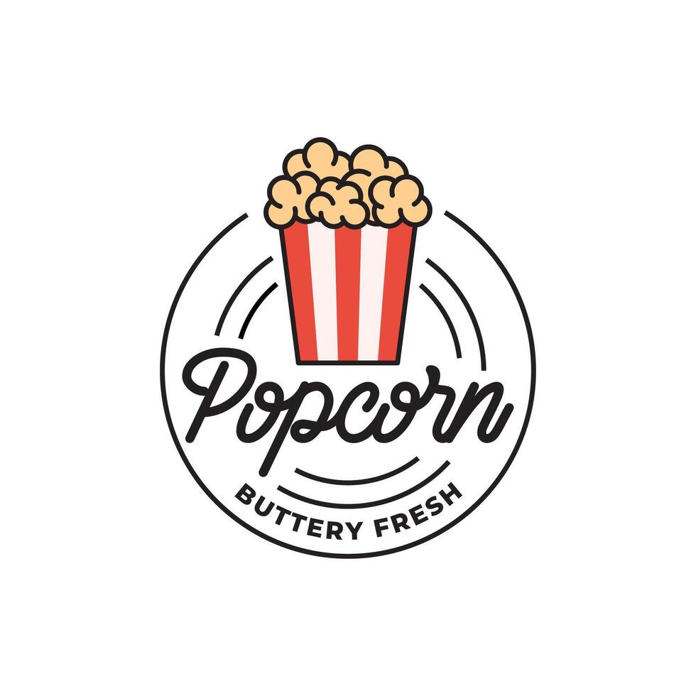 Popcorn logo, etichetta, simbolo o cartello isolato su bianca sfondo. vettore illustrazione di merenda per il tuo design.