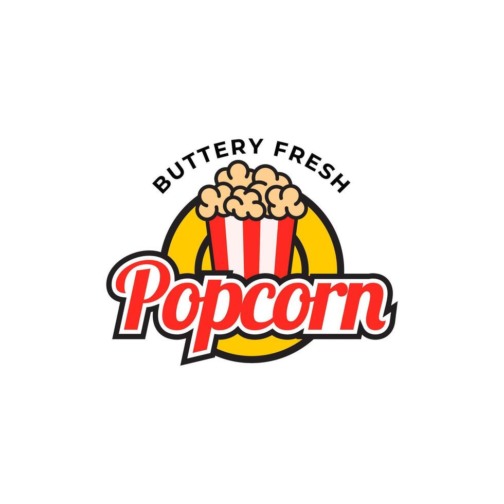 Popcorn logo, etichetta, simbolo o cartello isolato su bianca sfondo. vettore illustrazione di merenda per il tuo design.