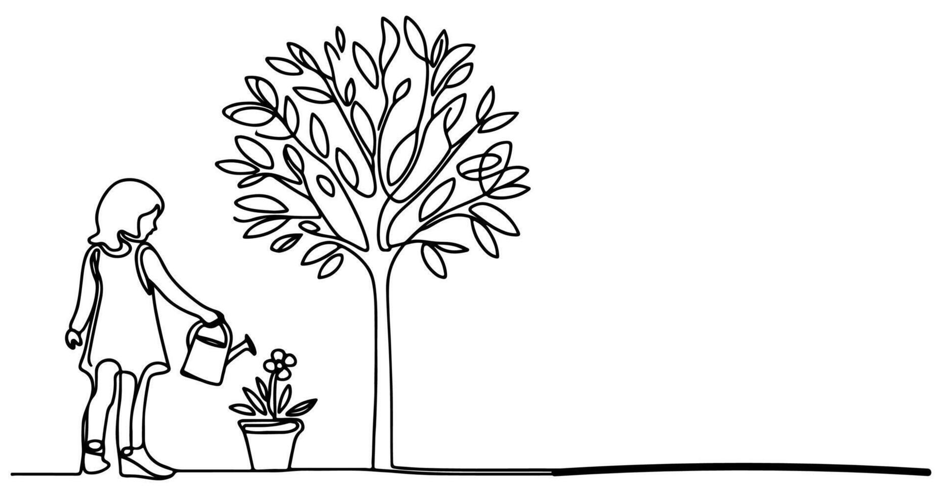 continuo uno nero linea arte disegno silhouette di bambini irrigazione un' albero. piantare albero per Salva il mondo e terra giorno ridurre globale riscaldamento crescita concetto vettore illustrazione su bianca sfondo
