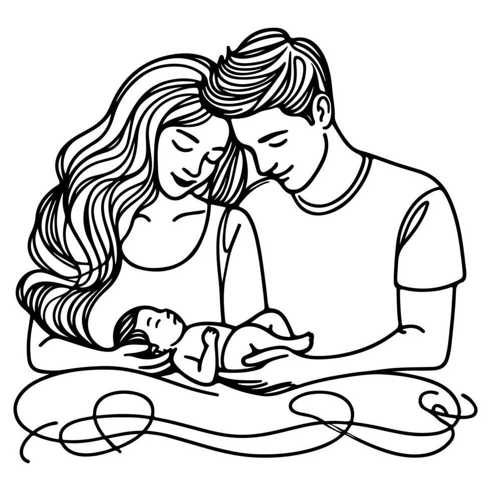 continuo uno nero linea arte disegno genitori con neonato bambino scarabocchi schema stile vettore illustrazione su bianca sfondo