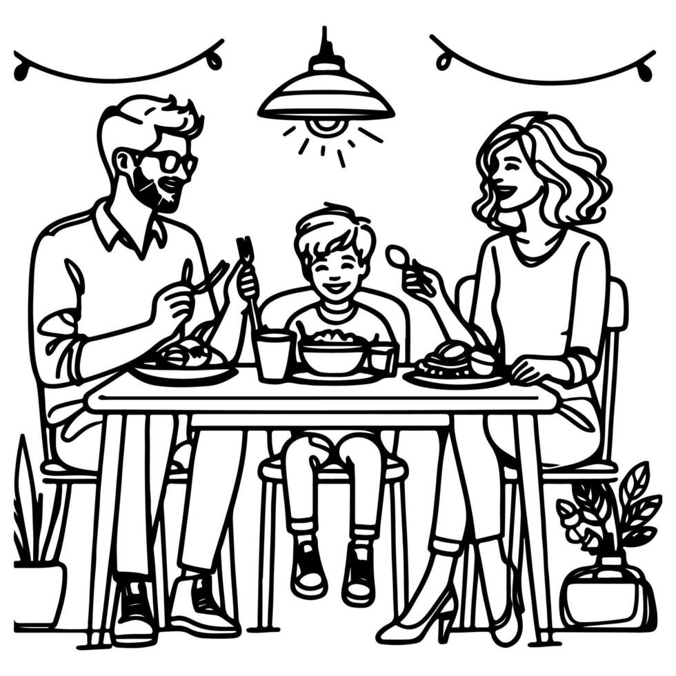 continuo uno nero linea arte disegno contento famiglia padre e madre con bambino. avendo cena seduta a tavolo scarabocchi stile vettore illustrazione su bianca sfondo