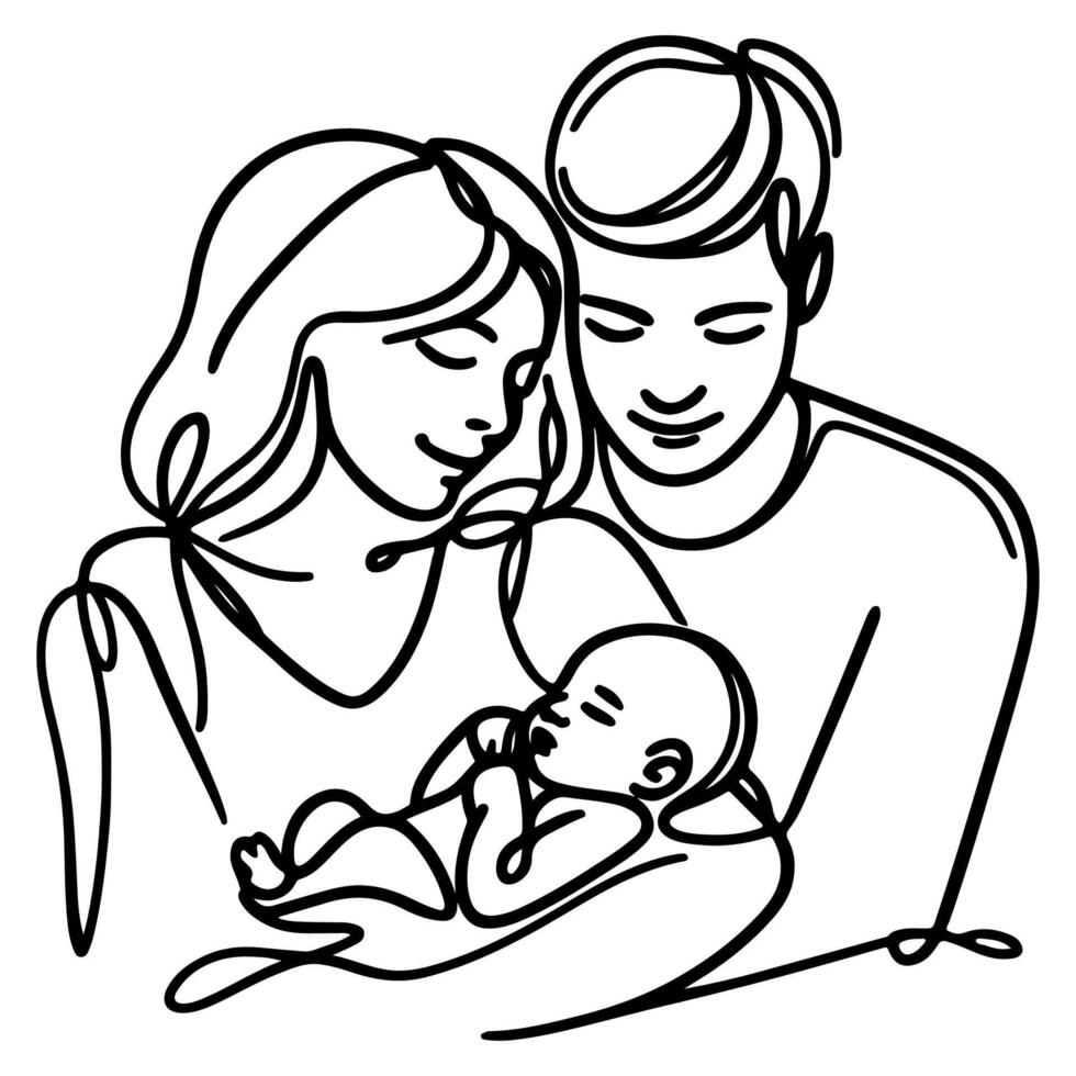 continuo uno nero linea arte disegno genitori con neonato bambino scarabocchi schema stile vettore illustrazione su bianca sfondo