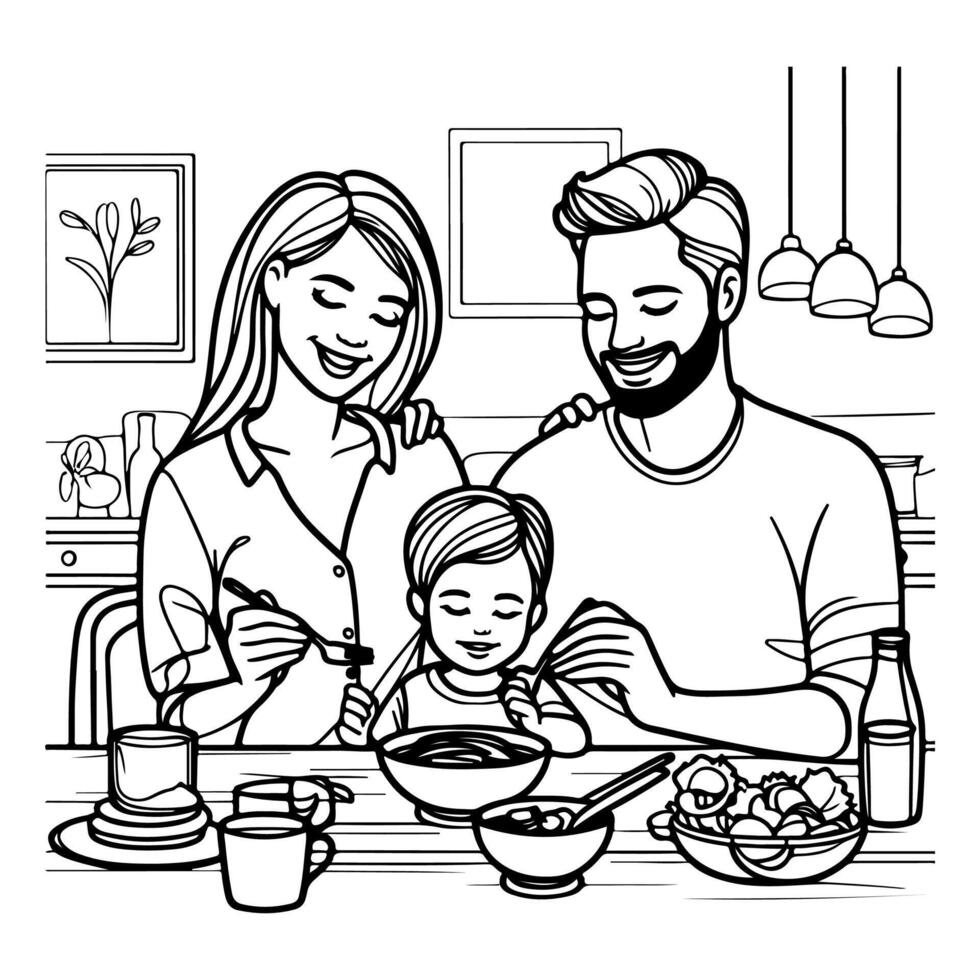 continuo uno nero linea arte disegno contento famiglia padre e madre con bambino. avendo cena seduta a tavolo scarabocchi stile vettore illustrazione su bianca sfondo
