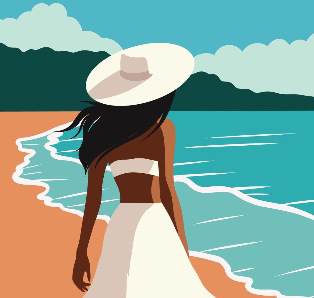 vettore piatto illustrazione per turismo, vacanza concetto. un' donna su vacanza nel un' bianca costume da bagno e cappello passeggiate lungo il spiaggia. donna, indietro Visualizza