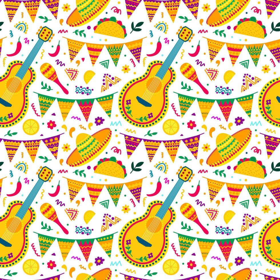 vettore messicano elementi senza soluzione di continuità modello. messicano chitarra, maracas e colorato ghirlanda per fiesta senza soluzione di continuità modello