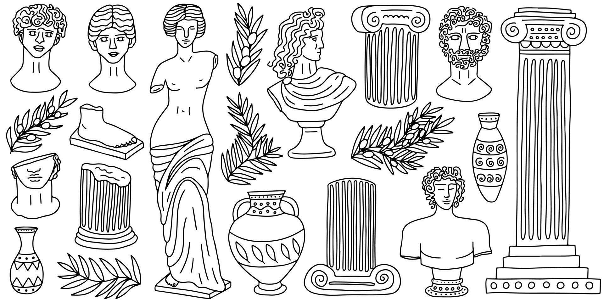 vettore impostato di greco marmo statue nel schizzo stile. mano disegnato vettore greco antico scultura impostato