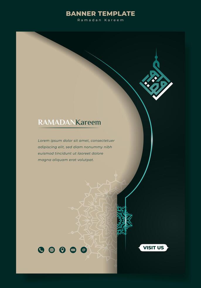 Ramadan bandiera nel ritratto design con abbronzatura e verde sfondo. Arabo testo significare è Ramadan kareem. islamico sfondo con mandala e Arabo Kufi design per Ramadan campagna. vettore