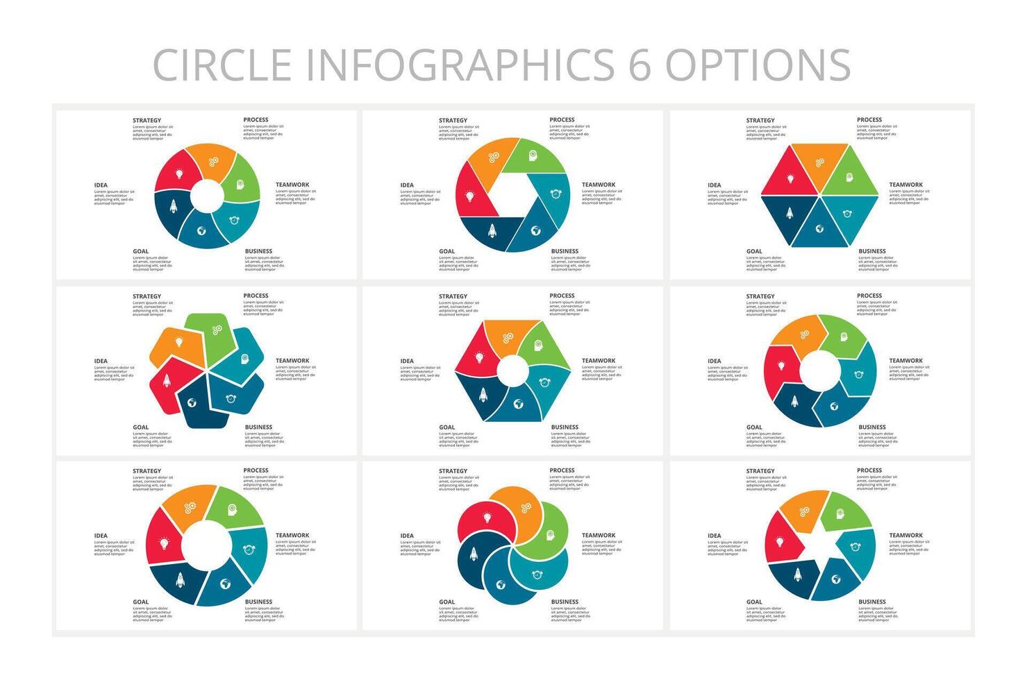 impostato cerchio elementi di grafico, diagramma con 6 passi, opzioni, parti o processi. modello per infografica, presentazione. vettore