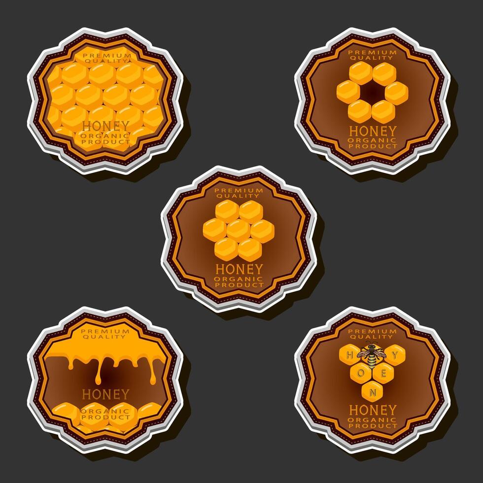illustrazione su tema per etichetta di zuccherino fluente giù miele nel Favo con ape vettore