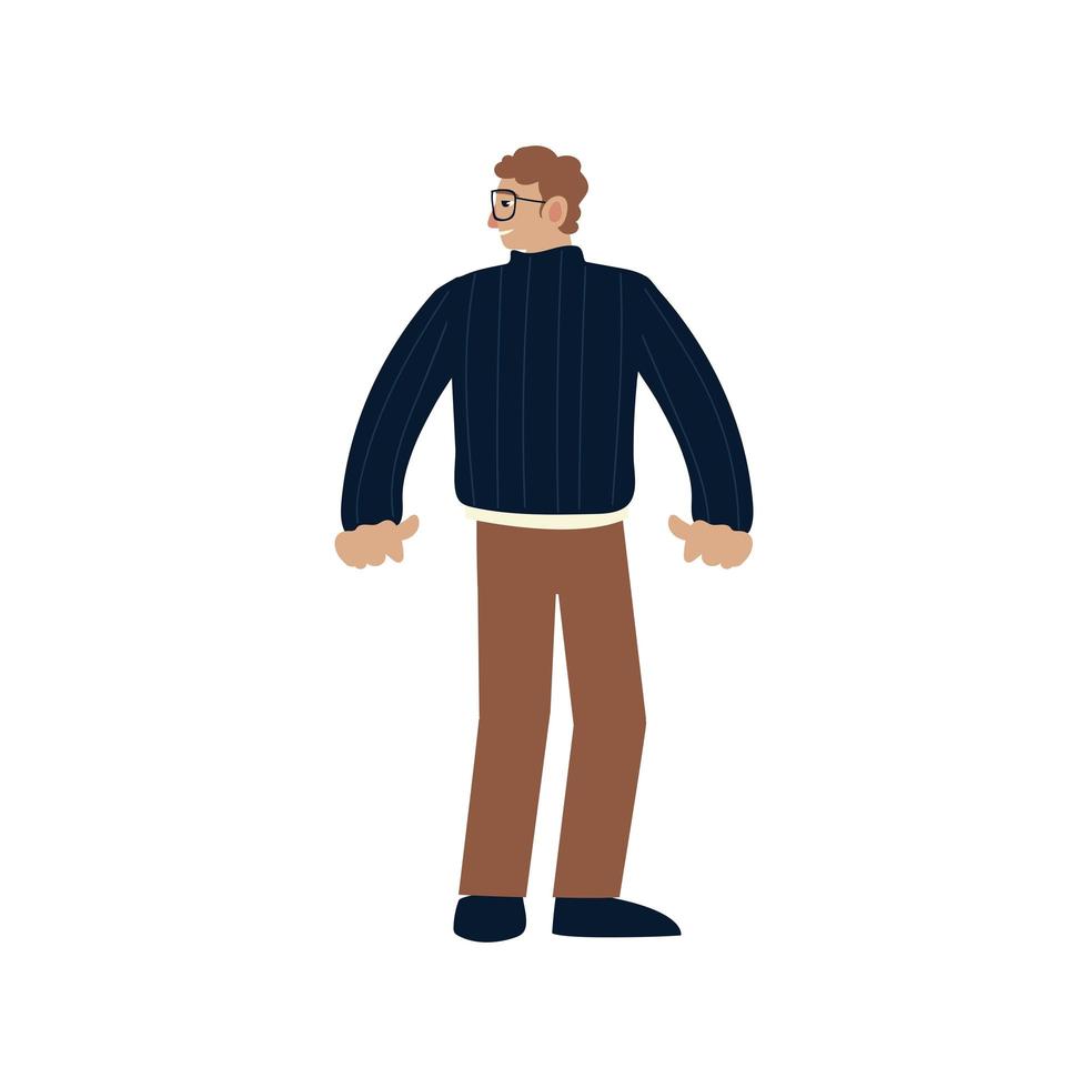 uomo con gli occhiali personaggio dei cartoni animati in piedi, design su sfondo bianco vettore