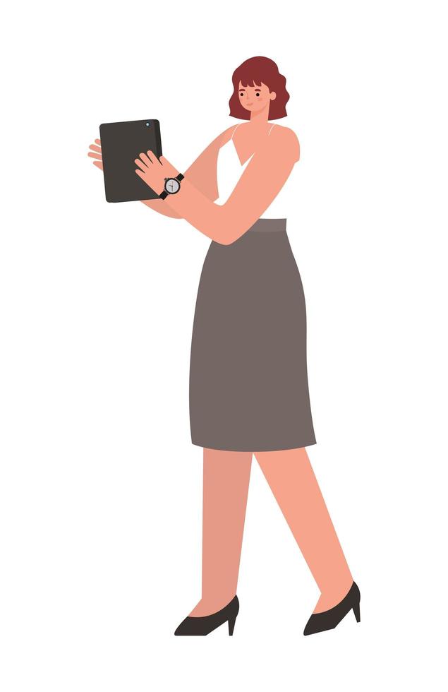 donna con i capelli castani gonna e tablet che lavora disegno vettoriale