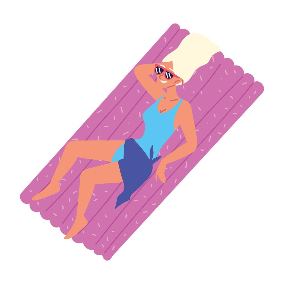 donna con costume da bagno sul letto gonfiabile vettore