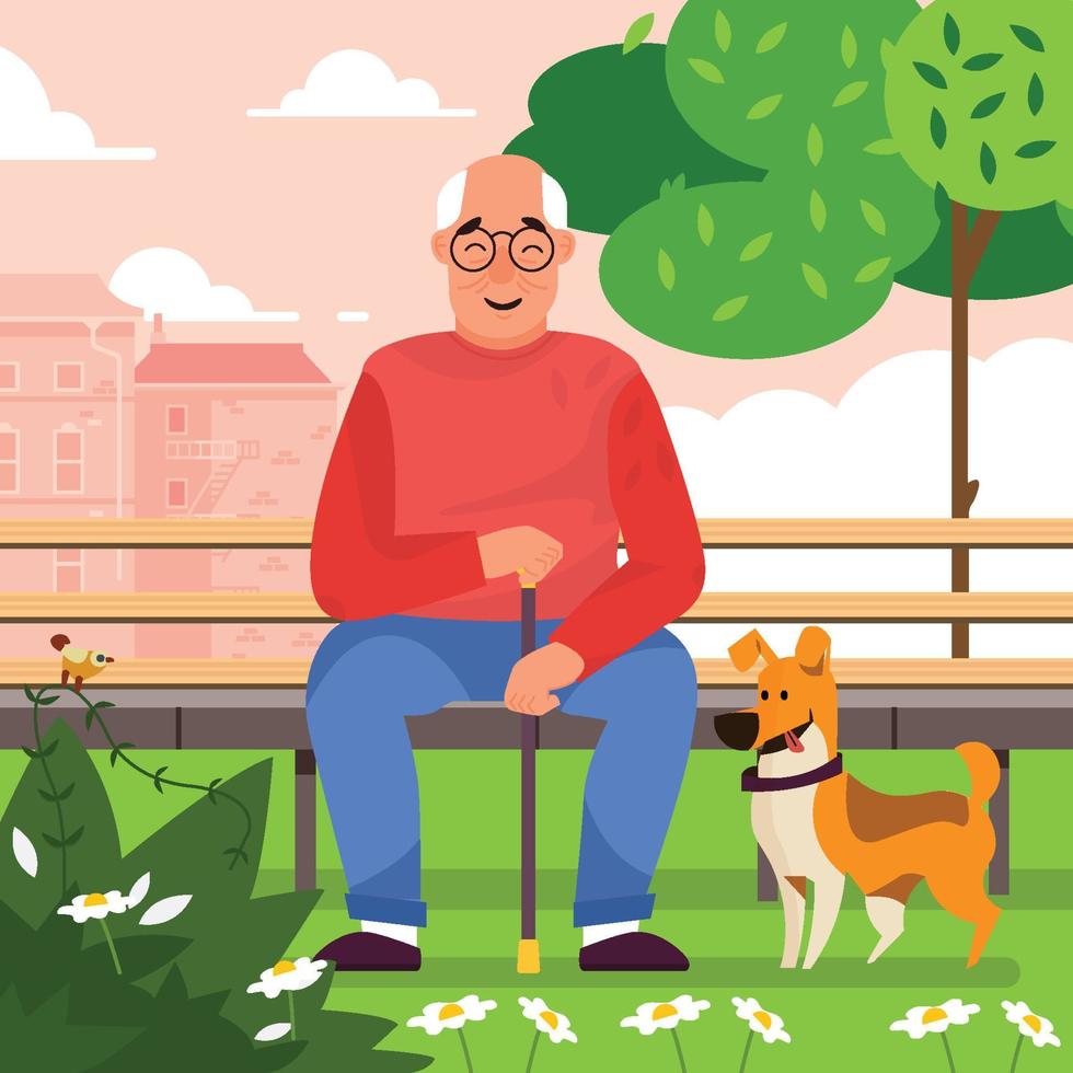 il vecchio si siede accompagnare con il suo concetto di cane vettore