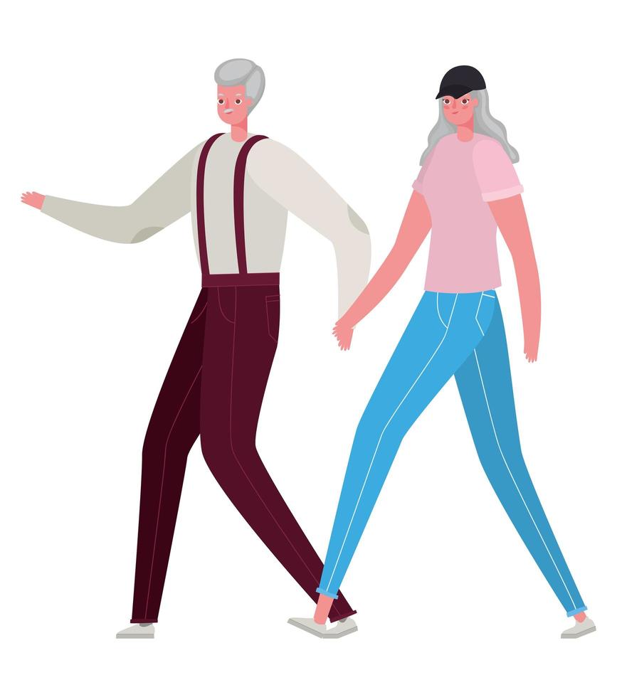 cartoni animati uomo e donna senior che camminano tenendosi per mano disegno vettoriale