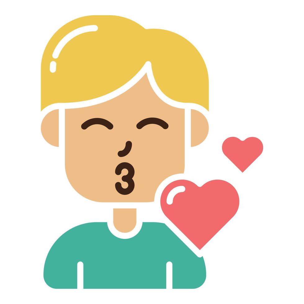 carino ragazzo personaggio dà bacio amore bolla con piatto icona design vettore illustrazione