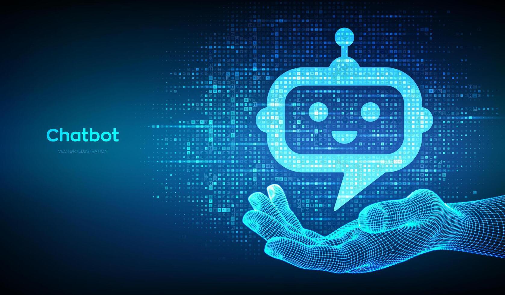 robot chatbot testa icona cartello fatto con binario codice nel wireframe mano. chatbot assistente applicazione. digitale binario dati e streaming digitale codice. sfondo con cifre 1.0. vettore illustrazione.