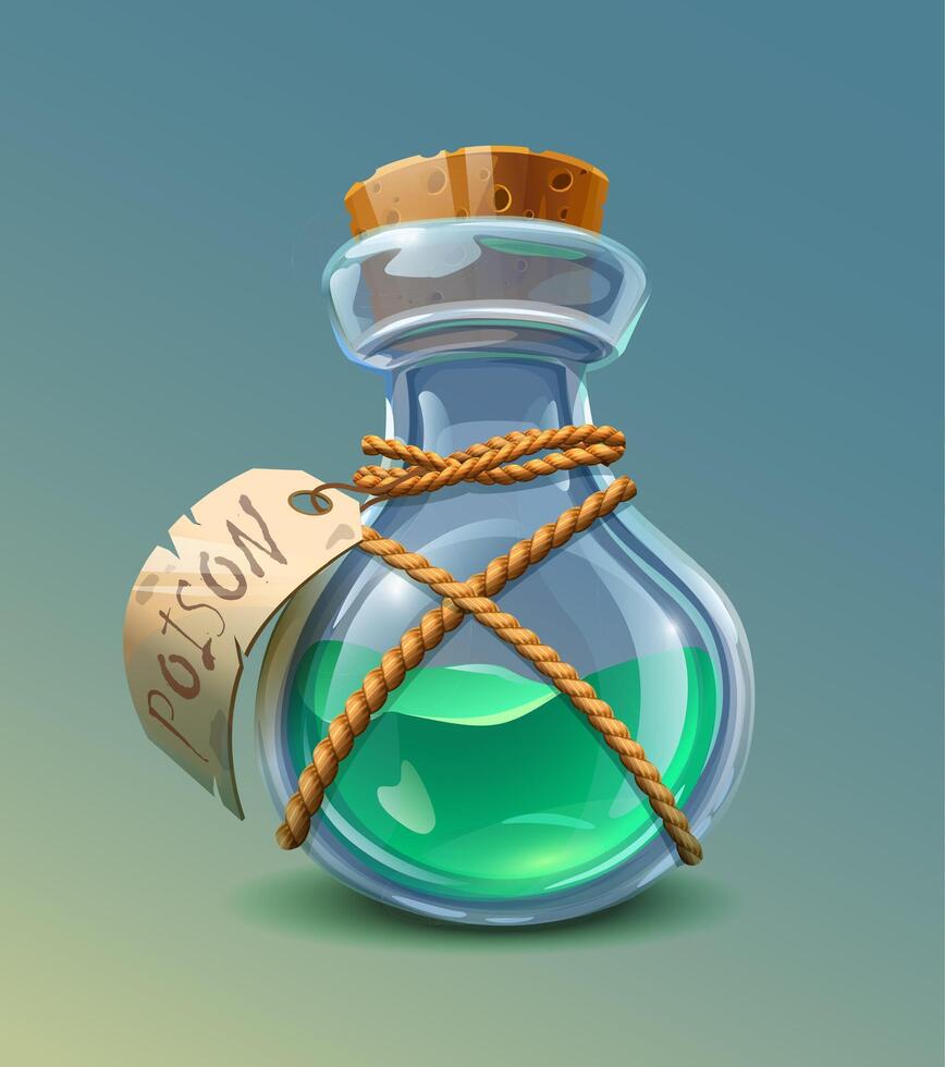 vettore cartone animato stile icona illustrazione. bicchiere bottiglia di verde veleno con corda e etichetta su esso.