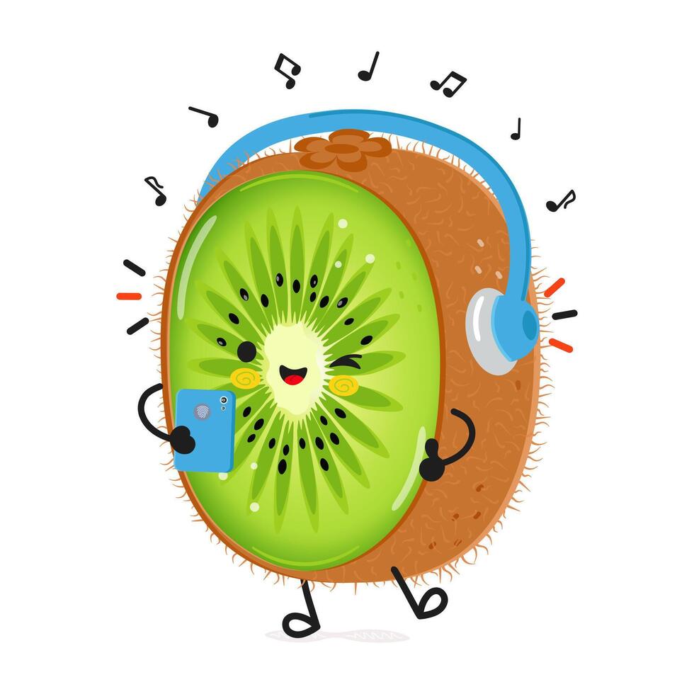 Kiwi frutta ascolta per musica su cuffie con un' smartphone. vettore mano disegnato cartone animato kawaii personaggio illustrazione icona. isolato su bianca sfondo. Kiwi frutta personaggio concetto