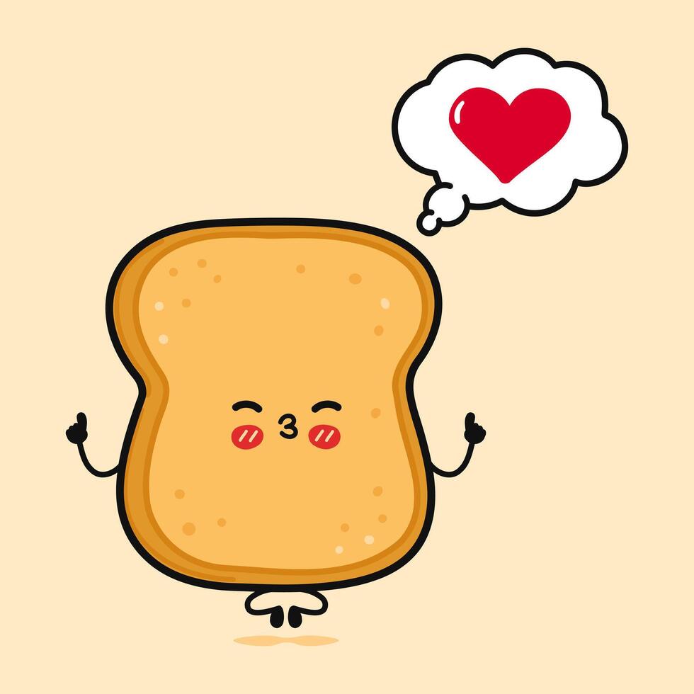 crostini pezzo di pane fare yoga con discorso bolla. vettore mano disegnato cartone animato kawaii personaggio illustrazione icona. isolato su Marrone sfondo. crostini fetta di pane nel amore personaggio concetto