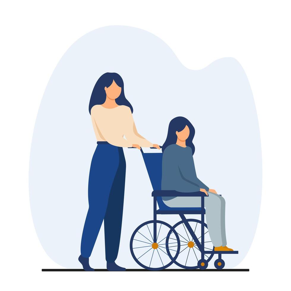 paramedico volontà Aiuto il Disabilitato donna nel un' sedia a rotelle. donna con disabilità. grafico design vettore illustrazione