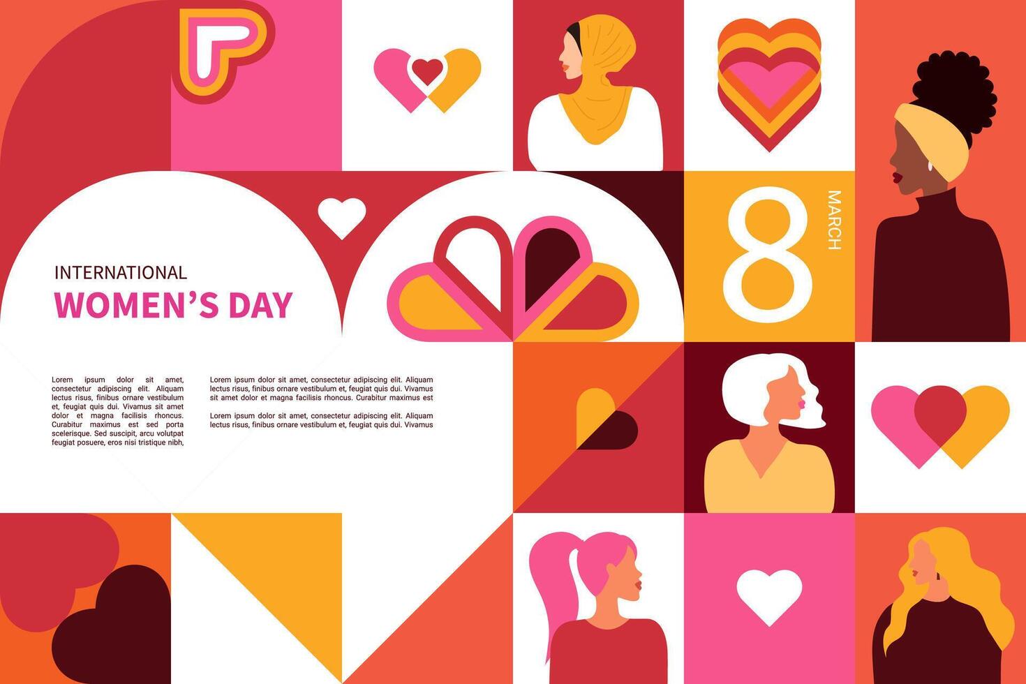 internazionale Da donna giorno volantino. bandiera per marzo 8 vendita con floreale arredamento e gruppo di femmina carattere. piatto vettore illustrazione.