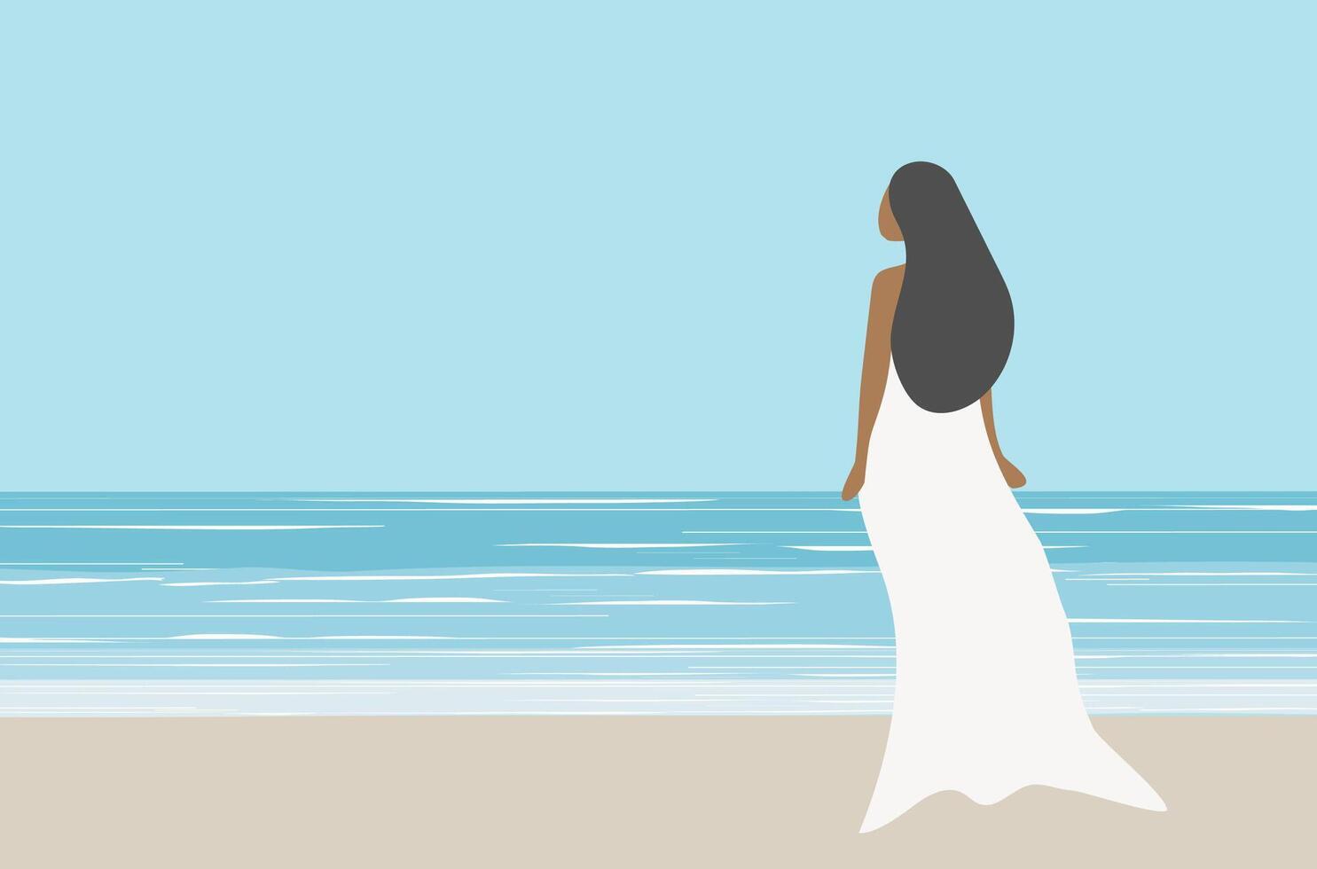 bellissimo donna nel bianca vestito su il spiaggia vettore illustrazione. estate vacanze spiaggia concetto