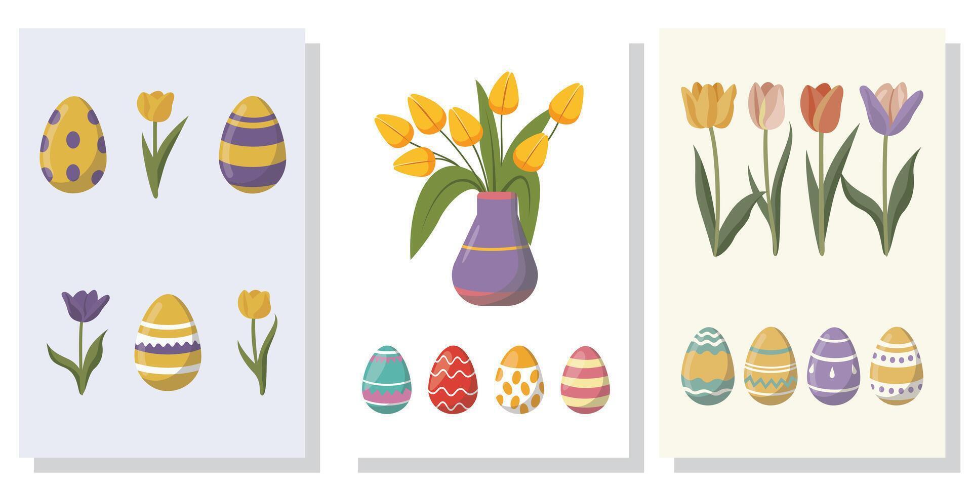 un' impostato di carte con Pasqua uova e tulipani. vettore