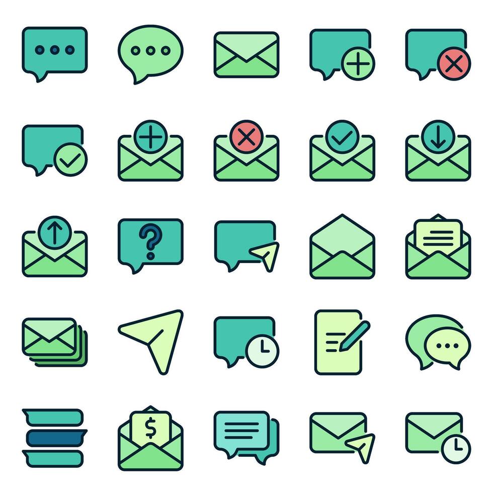 Messaggio icona impostare, per comunicazione necessità, sociale media, corrispondenza e e-mail. vettore