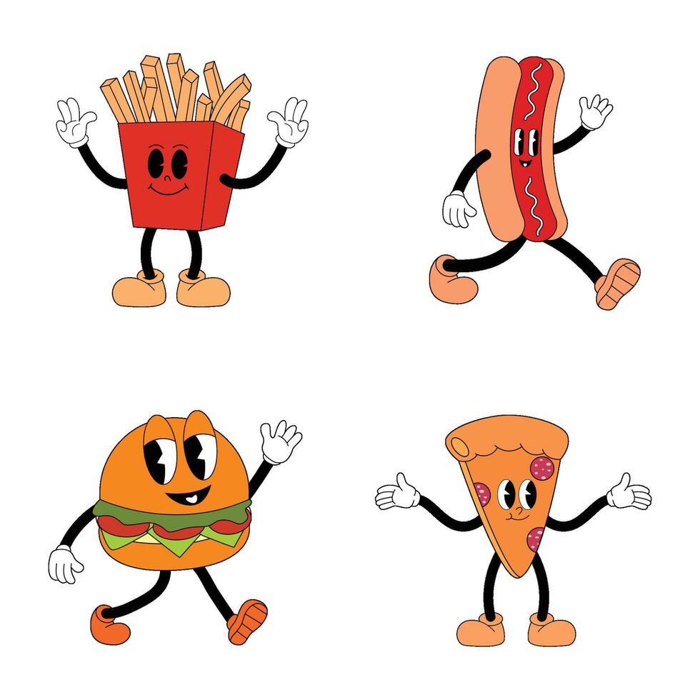 cartone animato divertente veloce cibo personaggi mascotte impostato vettore
