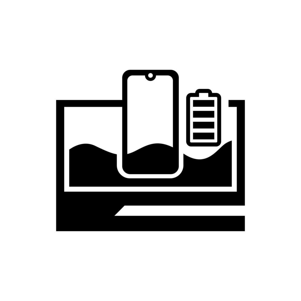 aggeggio logo design. telefonino, computer portatile, e batteria combinazione design. gratuito vettore