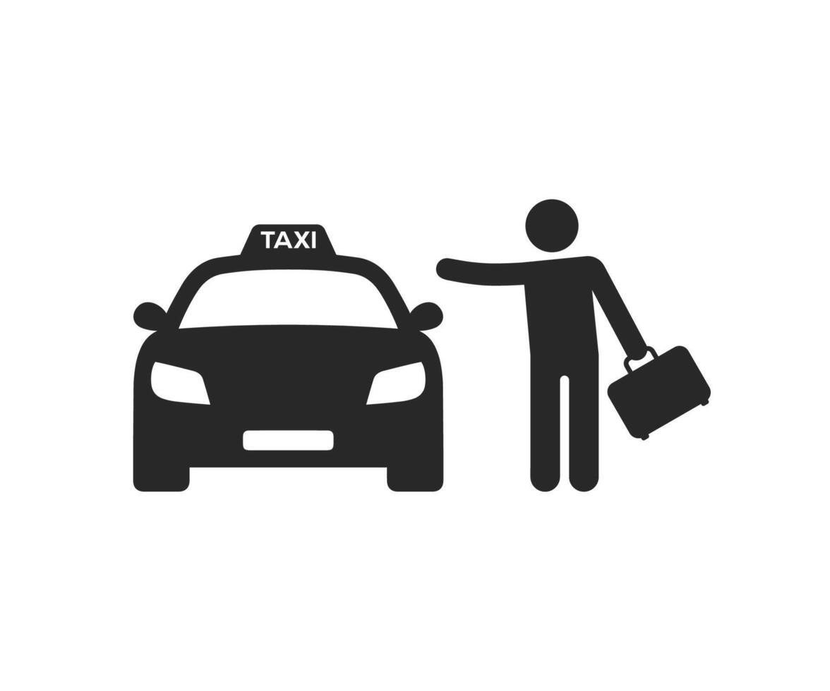 passeggeri agitando Taxi con un' valigia. Taxi cartello silhouette icona simbolo. persona attraente Taxi vettore icona.