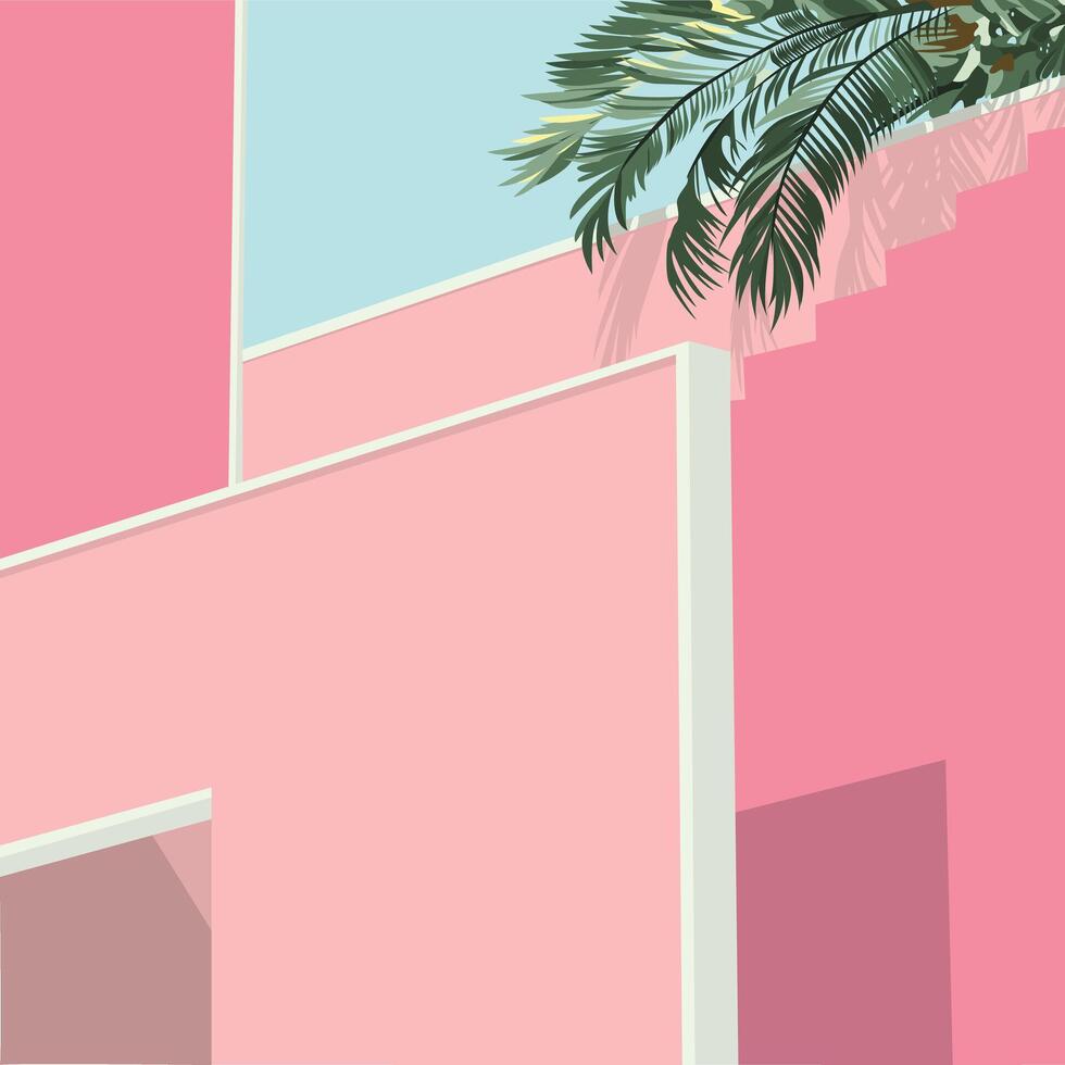 vettore costruzione. contemporaneo geometria architettura manifesto nel moderno stile. manifesto su magenta sfondo. boho stile. rosa arte con palma. decorazione o cartolina o parete arte Stampa. vettore.