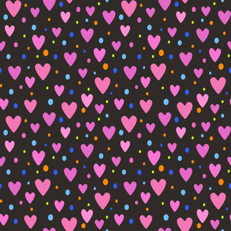 illustrazione di un' senza soluzione di continuità modello nel il modulo di rosa cuori e multicolore puntini su un' buio sfondo. carino romantico Stampa, festivo sfondo per San Valentino giorno, romantico nozze design. vettore
