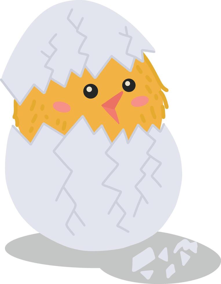 un illustrazione di un' carino pollo covato a partire dal un uovo. Pasqua tema, un' cartone animato con un' giallo pollo e un' Cracked guscio d'uovo, evidenziato su un arancia sfondo. vettore illustrazione.