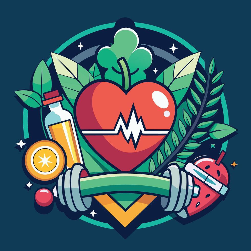 salutare stile di vita concetto. vettore illustrazione di cuore, manubri, mela, succo, frutta e foglia.