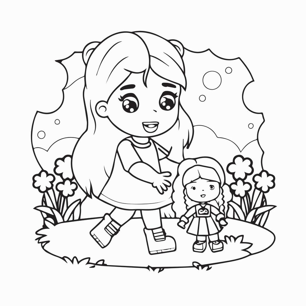 carino poco ragazza con Bambola nel il giardino vettore illustrazione design icona