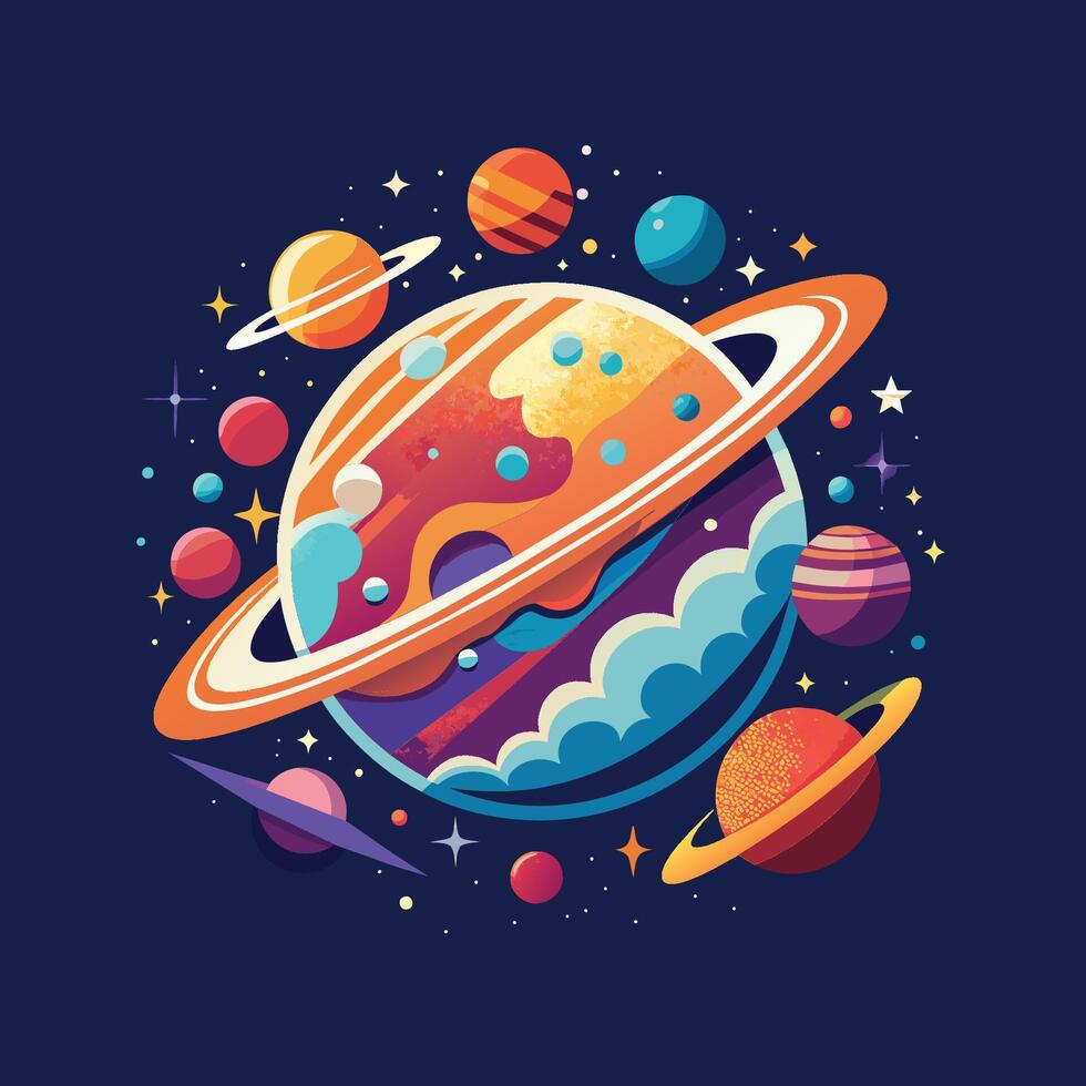 cartone animato pianeta con pianeti e stelle. vettore illustrazione nel piatto stile. astronomia t camicia design