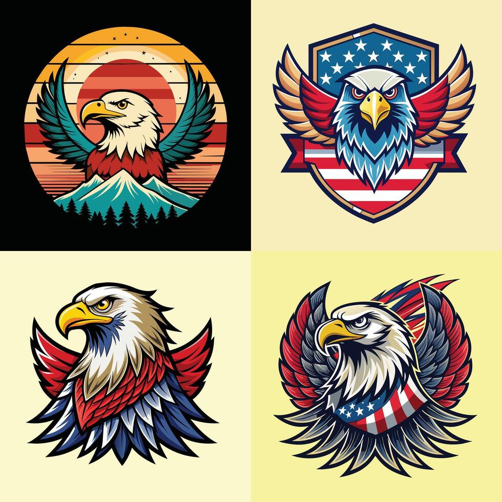 impostato di americano aquila emblemi con stelle e strisce isolato vettore illustrazione