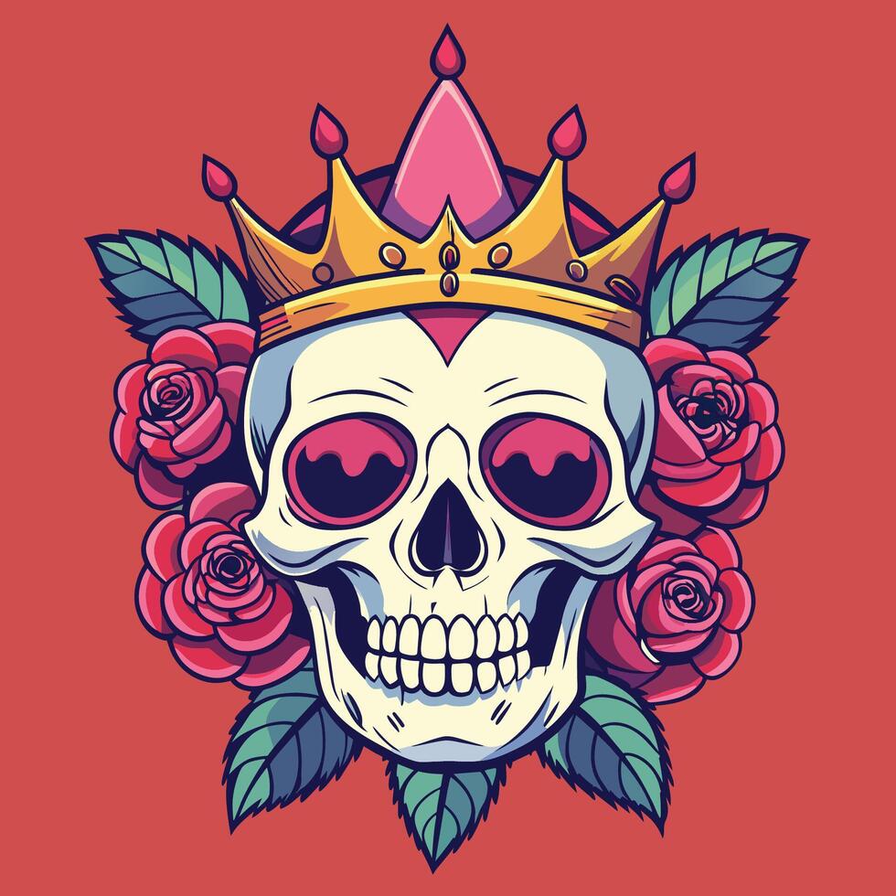 cranio con corona e Rose. vettore illustrazione nel cartone animato stile.