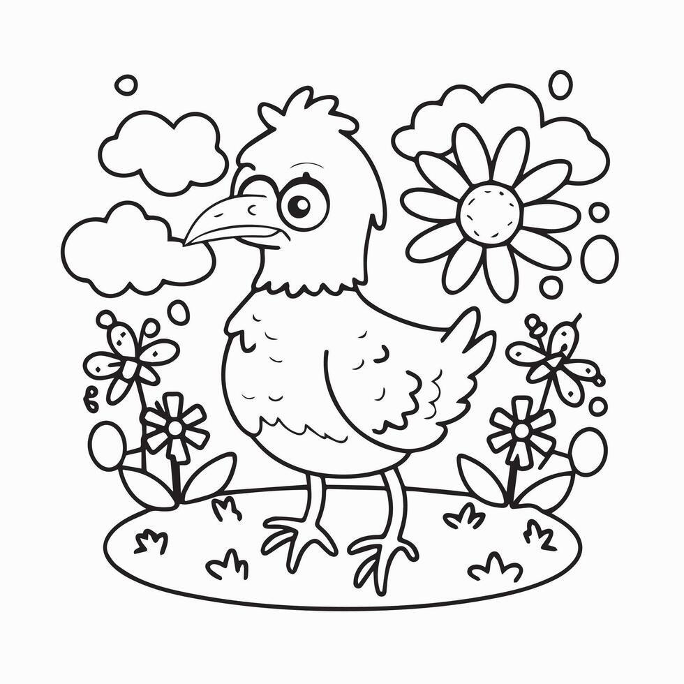 colorazione pagina per bambini. carino cartone animato pollo con fiori. vettore illustrazione.