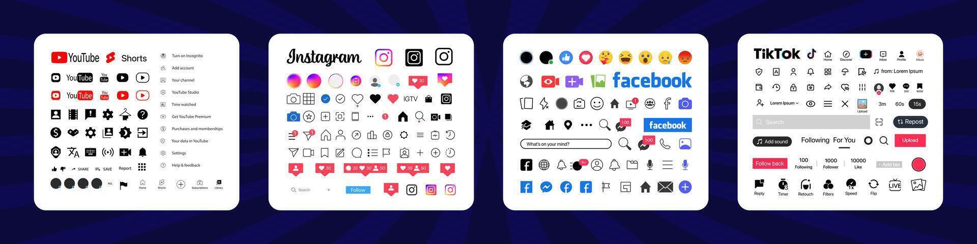 instagram, tik tok, Facebook, Youtube pulsante icona. impostato schermo sociale media e sociale Rete interfaccia modello. storie pulsante, simbolo, cartello logo. editoriale vettore