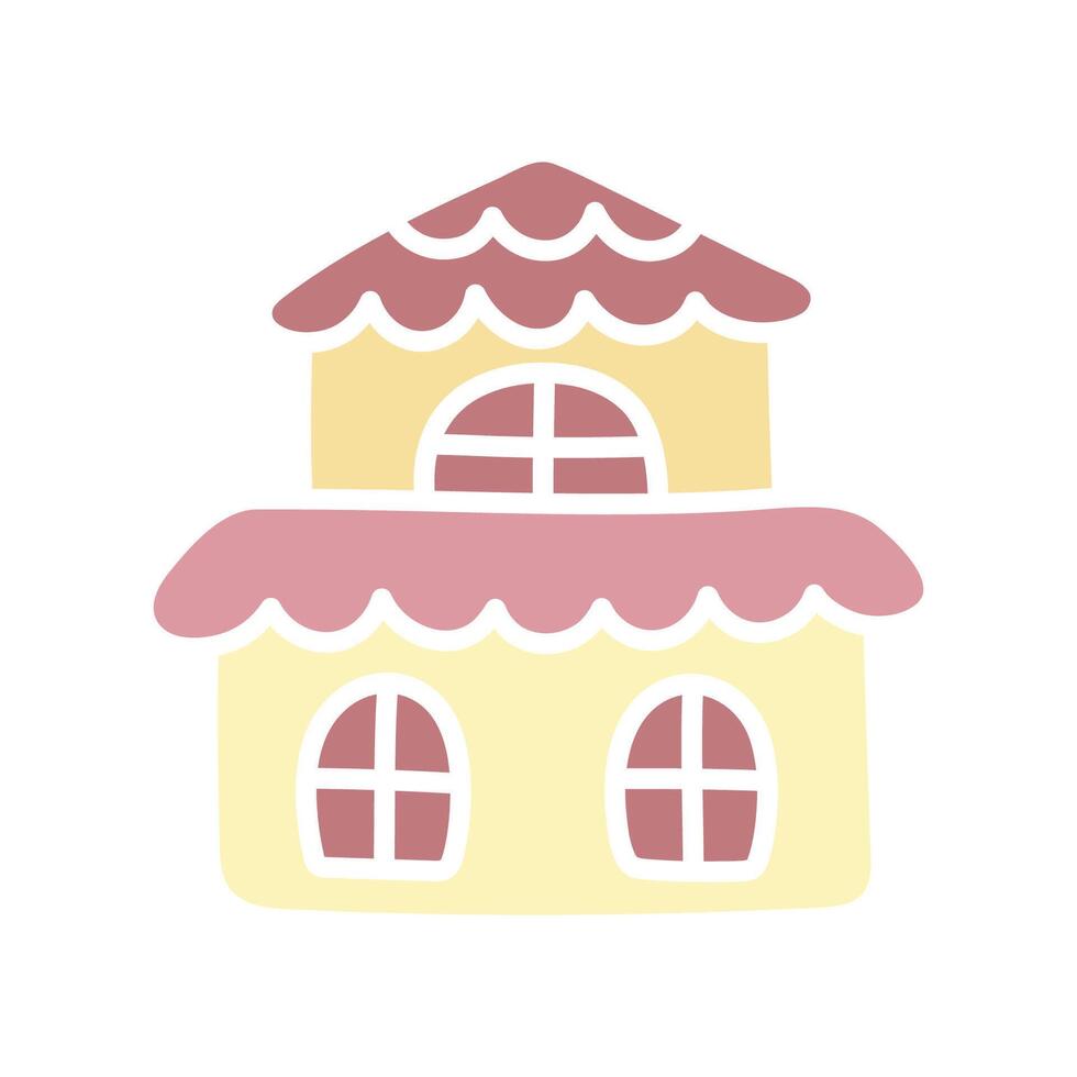 carino rosa e giallo scarabocchio Casa. kawaii vettore piatto illustrazione isolato su bianca sfondo. piccolo bellissimo nazione capanna. semplice disegnato a mano design elemento.