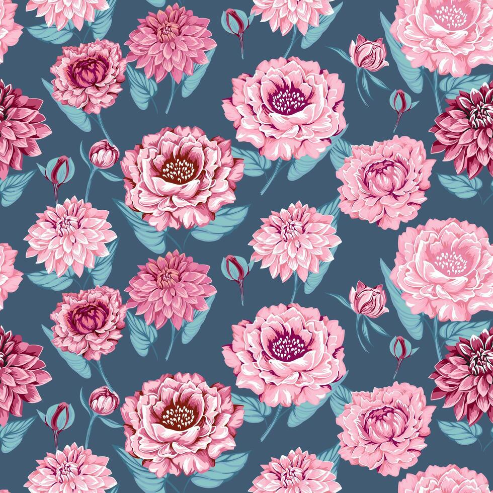 fioritura senza soluzione di continuità modello di stilizzato fiori dalie peonie, mini cuffie con le foglie. astratto, artistico floreale su un' turchese sfondo. vettore disegnato illustrazione. design per tessuto, moda, stampa