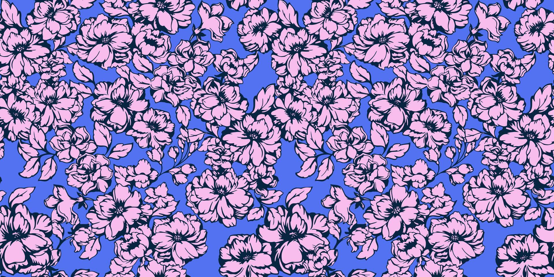 colorato rosa artistico, astratto forma fiori senza soluzione di continuità modello su un' blu sfondo. stilizzato selvaggio fioritura stampa. primavera o estate floreale con mini cuffie e le foglie Indietro. vettore mano disegnato strutturato.